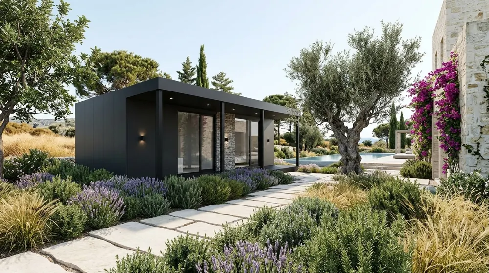 Heliohaus as a guest house in the garden of a Cypriot villa with an olive tree and pool