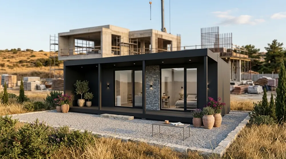 A clean, comfortable Heliohaus at the edge of a villa building site