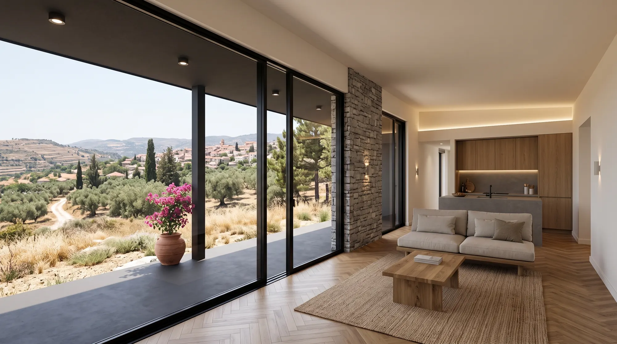 View from the Heliohaus living room through panoramic glass to olive-covered hills