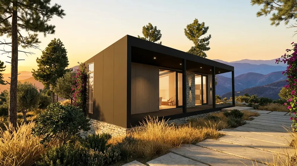Heliohaus with a light facade among Troodos pines at sunset