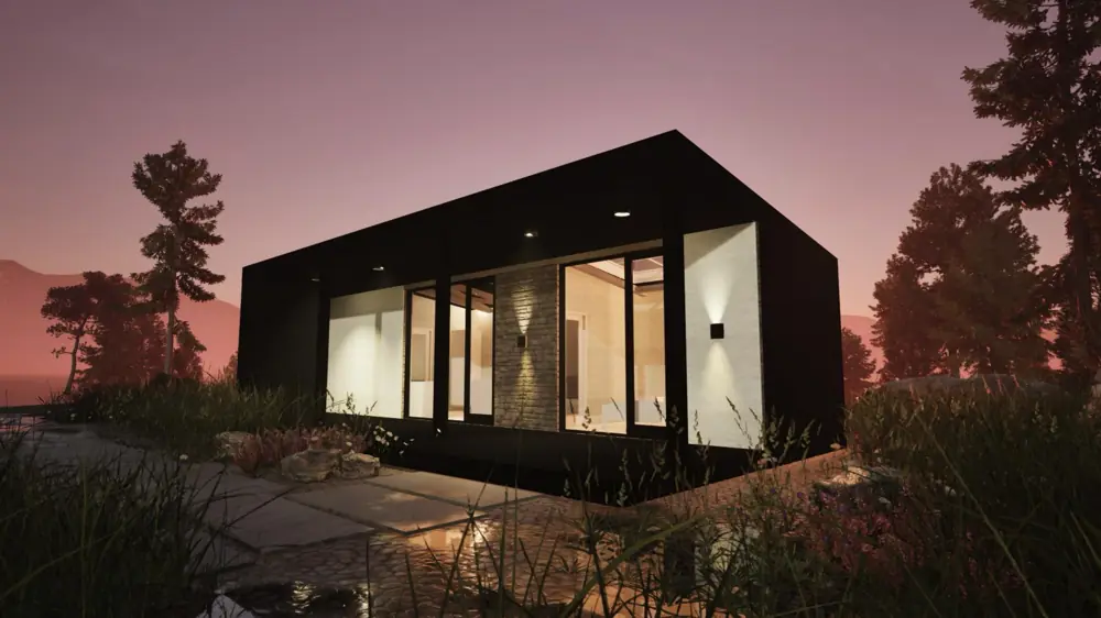 Heliohaus in the evening: glowing panoramic windows